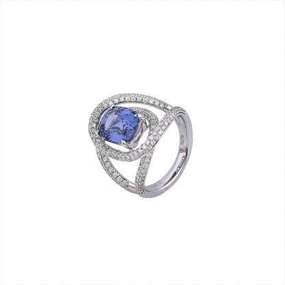 Natural Blue Purple Spinel Star Trail Diamond Ring in 18K White Gold