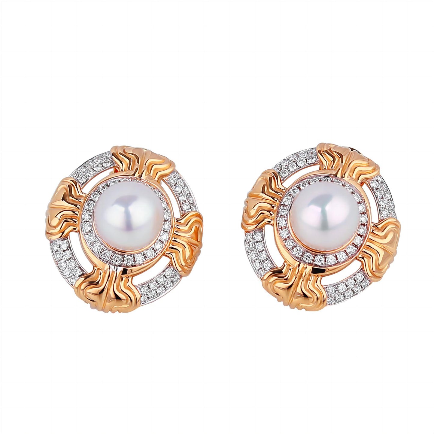 8-8.5mm Akoya Cultured Pearls Diamond Earrings in 18K Yellow Gold