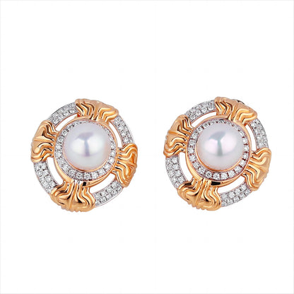 8-8.5mm Akoya Cultured Pearls Diamond Earrings in 18K Yellow Gold