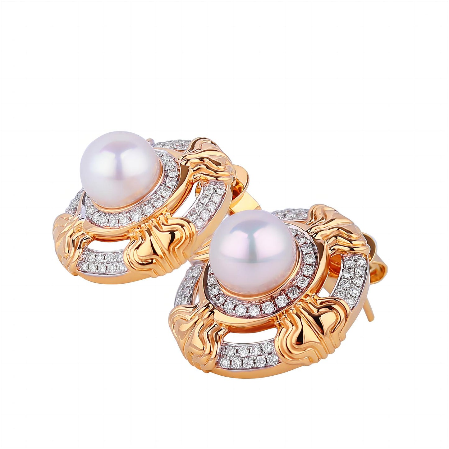 8-8.5mm Akoya Cultured Pearls Diamond Earrings in 18K Yellow Gold