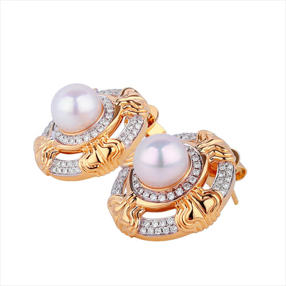 8-8.5mm Akoya Cultured Pearls Diamond Earrings in 18K Yellow Gold