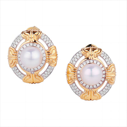 8-8.5mm Akoya Cultured Pearls Diamond Earrings in 18K Yellow Gold