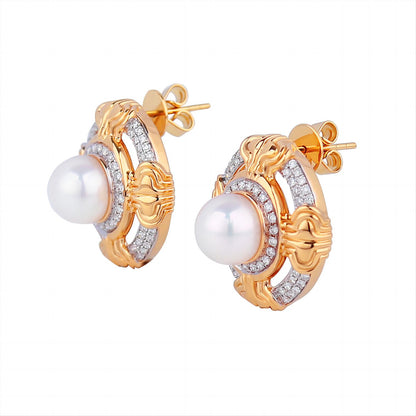 8-8.5mm Akoya Cultured Pearls Diamond Earrings in 18K Yellow Gold