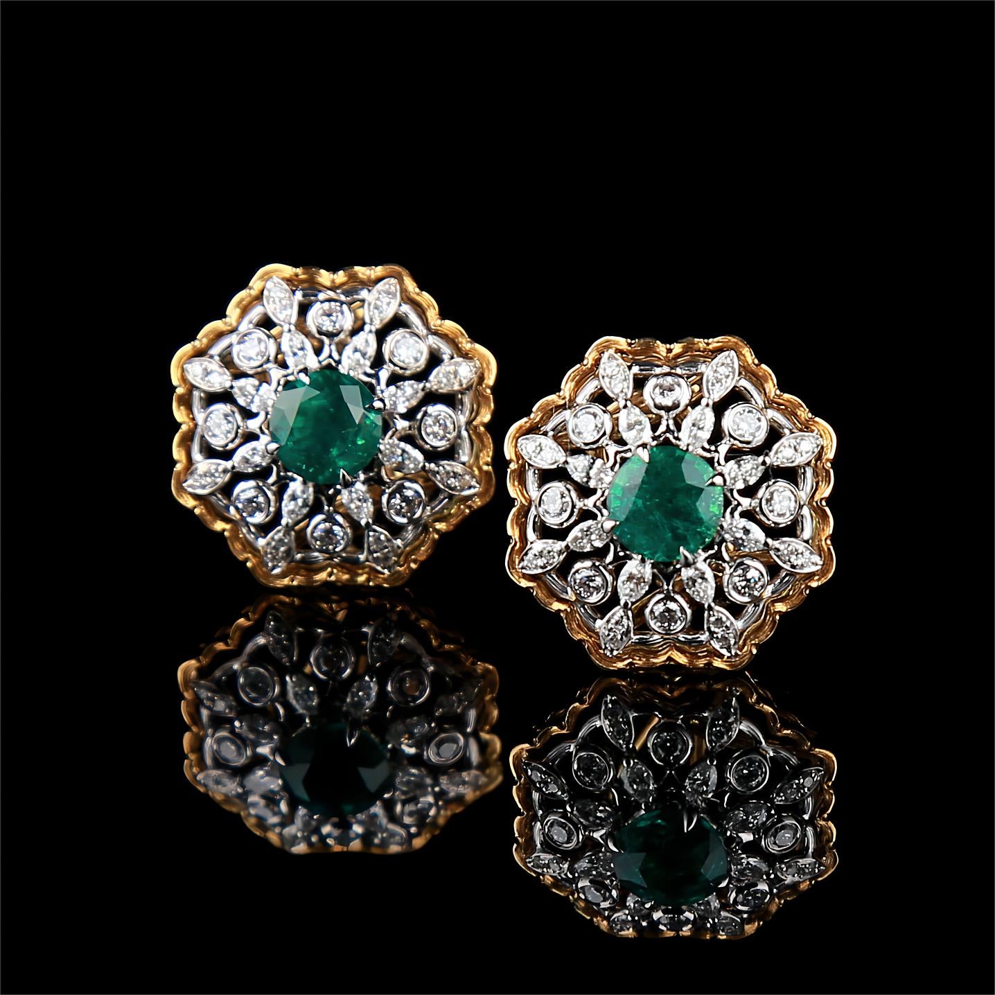 Natural Emerald Diamond Earrings in 18K Yellow Gold