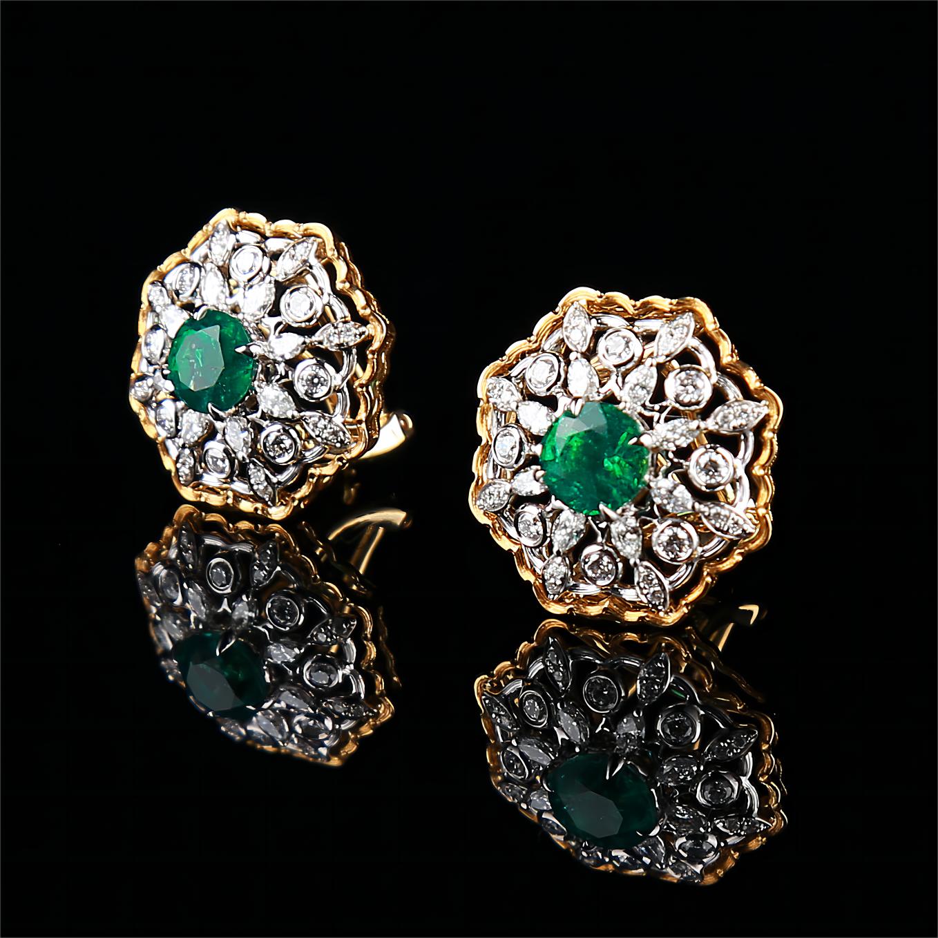 Natural Emerald Diamond Earrings in 18K Yellow Gold