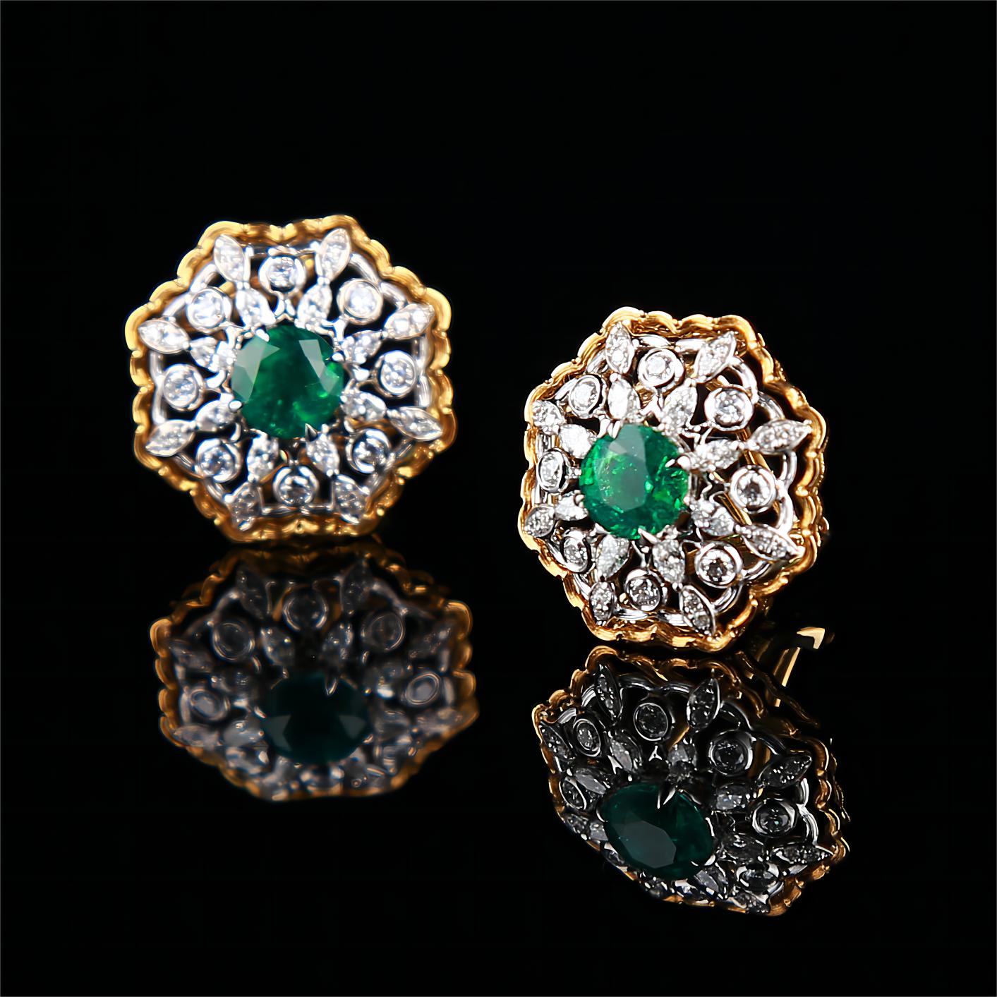 Natural Emerald Diamond Earrings in 18K Yellow Gold