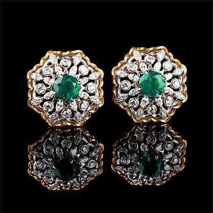 Natural Emerald Diamond Earrings in 18K Yellow Gold