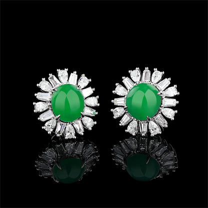 Natural Apple Green Cabochon Jadeite Jade Diamond Studs in 18K White Gold