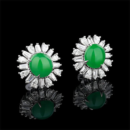 Natural Apple Green Cabochon Jadeite Jade Diamond Studs in 18K White Gold