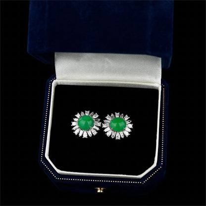 Natural Apple Green Cabochon Jadeite Jade Diamond Studs in 18K White Gold