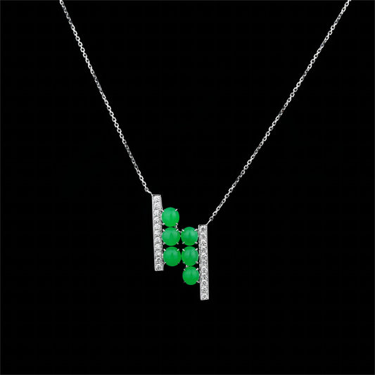 Natural Vivid Green Jadeite Jade Diamond Necklace in 18K White Gold