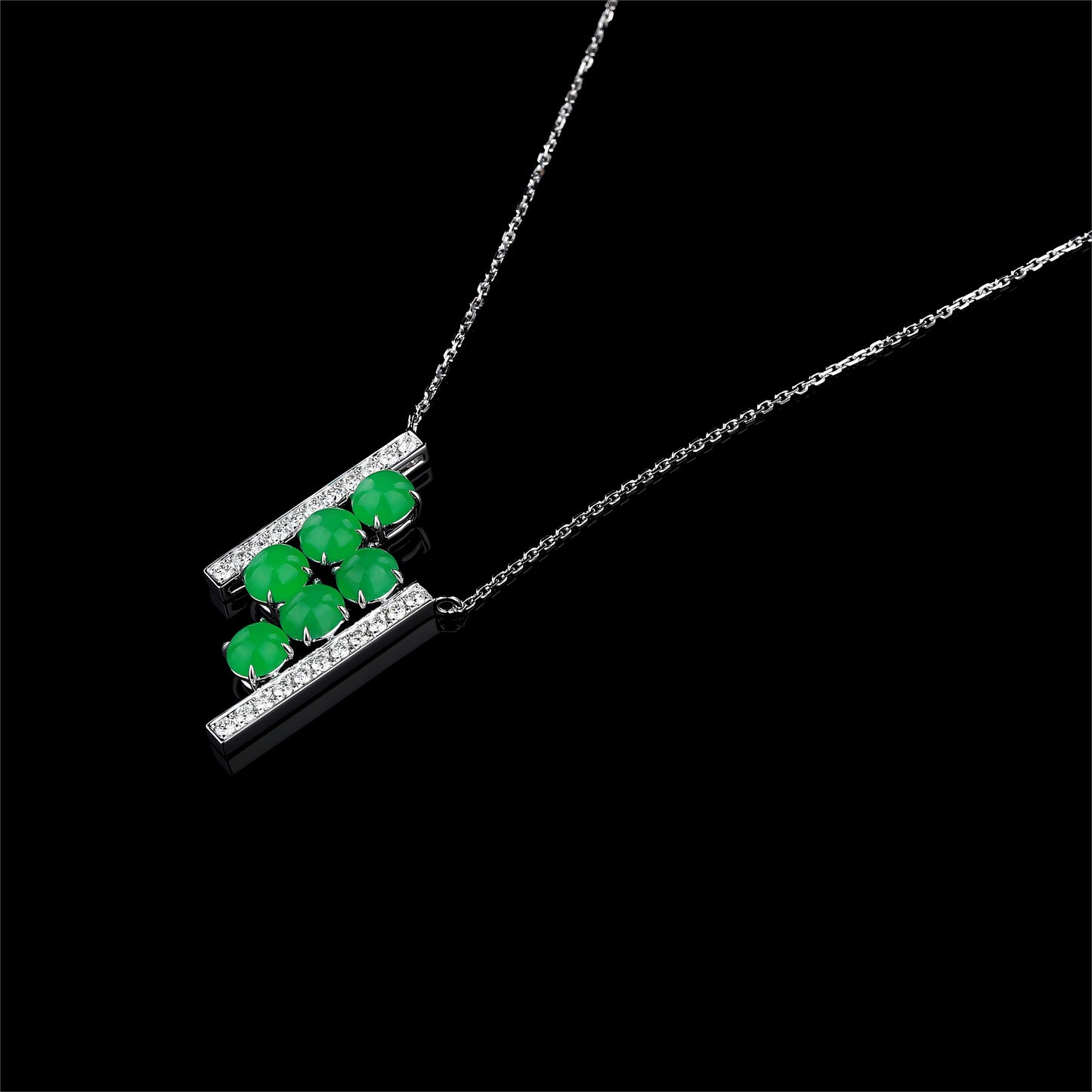 Natural Vivid Green Jadeite Jade Diamond Necklace in 18K White Gold