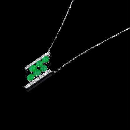 Natural Vivid Green Jadeite Jade Diamond Necklace in 18K White Gold