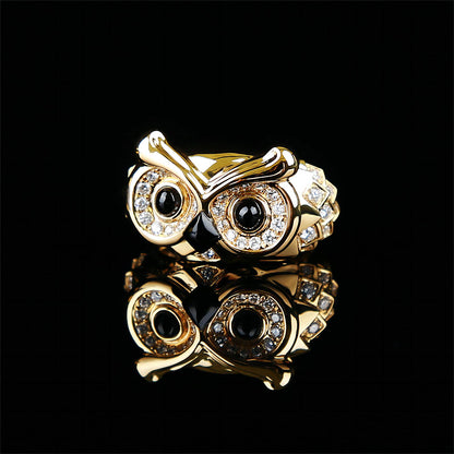 Lucky Owl Black Agate Diamond Ring in 18K Yellow Gold