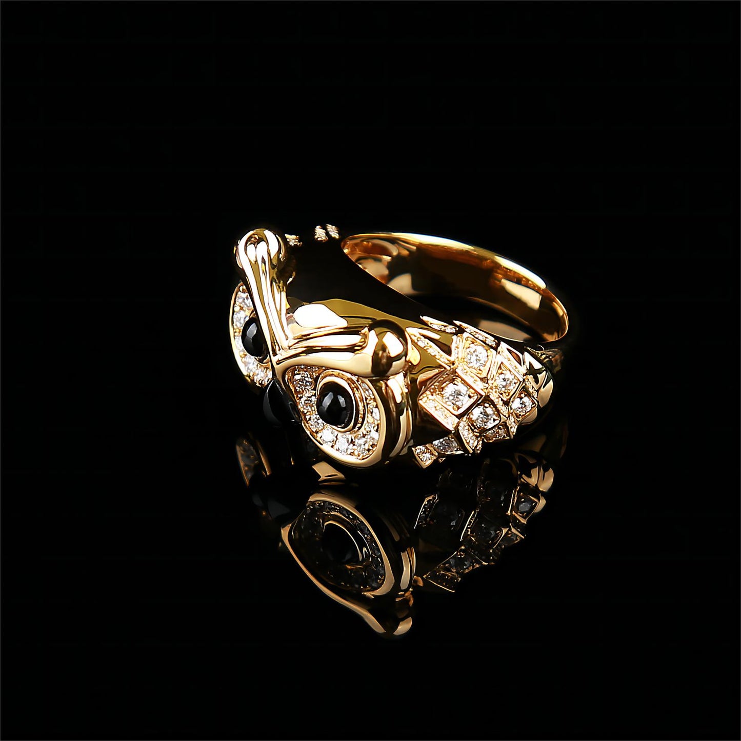 Lucky Owl Black Agate Diamond Ring in 18K Yellow Gold